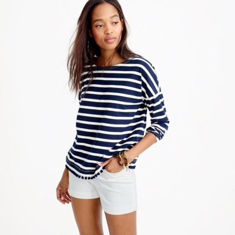EUC J Crew Striped Pom Pom Tee